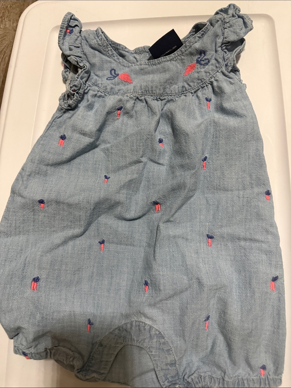 GAP Light Blue Chambray Baby Romper with Pink & Navy Embroidery